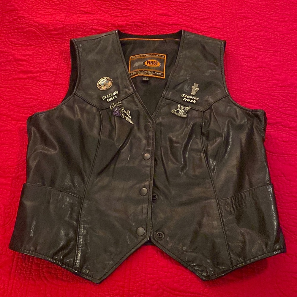 Large black first classic leather gear women’s motorcycle vest.